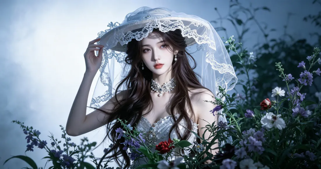 戴蕾丝纱帽的长发少女身着抹胸礼服，置身紫白红花丛中，冷调朦胧氛围。