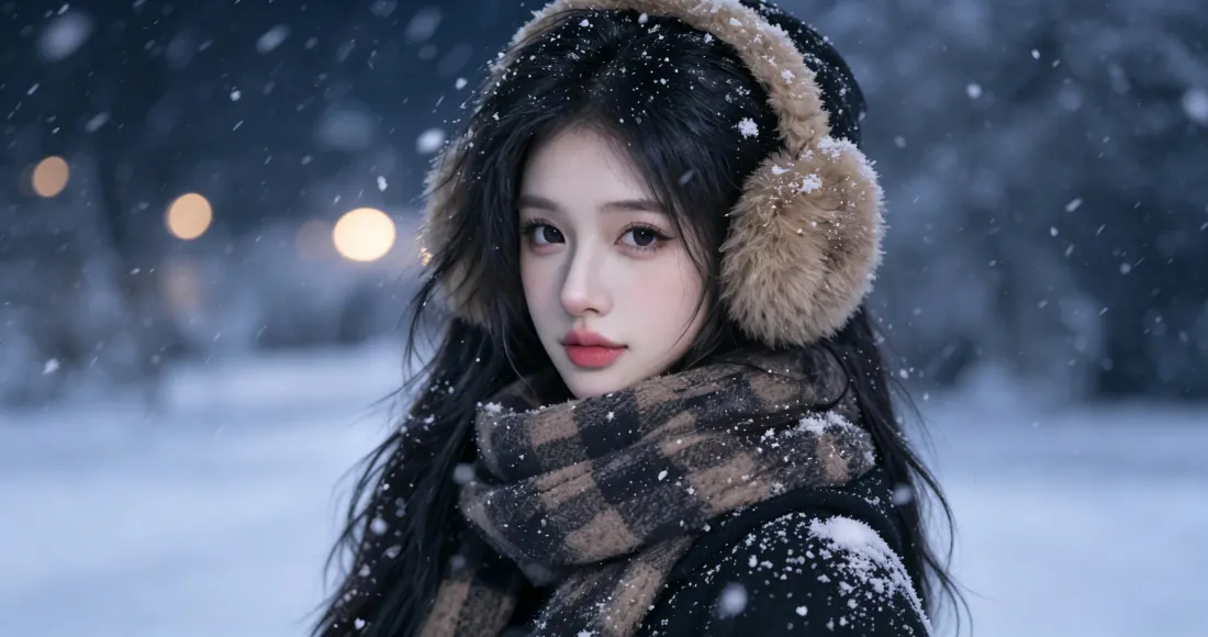 3k冬日雪景美女壁纸|落雪夜景少女背景图片 - 唯美浪漫「哲风壁纸」 飘雪冬夜,戴毛绒耳罩格纹围巾的长发少女立于雪地,背景暖光虚化。