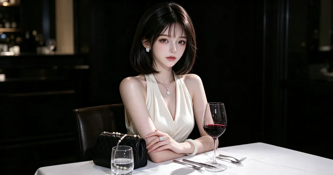 暗调餐厅内，短发白裙美女坐于餐桌前，桌上摆放红酒杯与黑色手包。