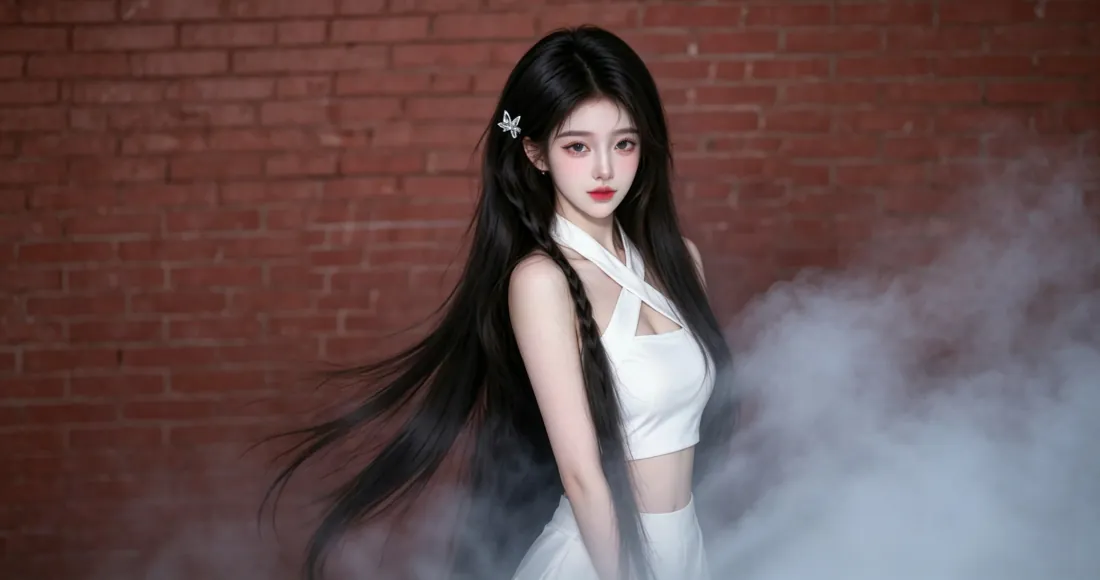 3k白衣长发美女壁纸|红砖墙烟雾背景图片 - 清冷氛围感写真「哲风壁纸」 白衣长发年轻女性立于红砖墙前,身侧环绕白色烟雾,造型清冷精致。