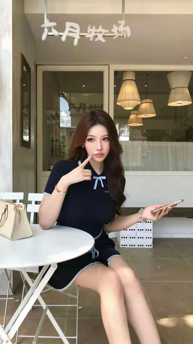 年轻女子坐在咖啡馆外白色圆桌旁，手持手机，身着深蓝色休闲套装。