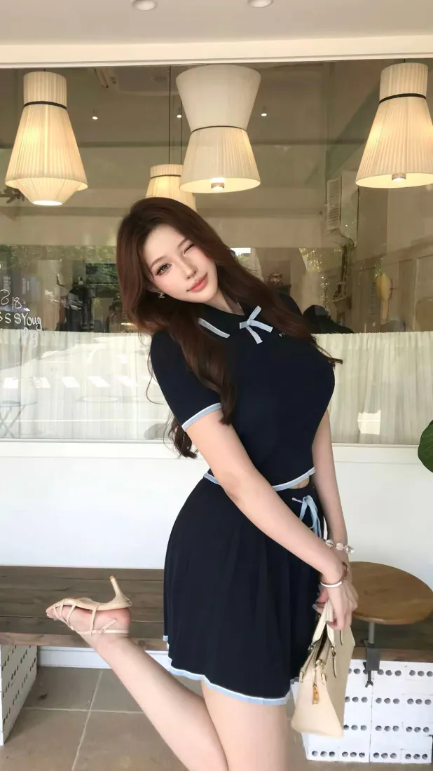 长发美女身着藏蓝镶白边露腰套装，单腿抬起在室内甜美摆拍。