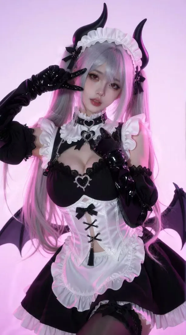 粉紫渐变背景下，身着黑白女仆装、佩戴恶魔角与翅膀的cos少女比出剪刀手。