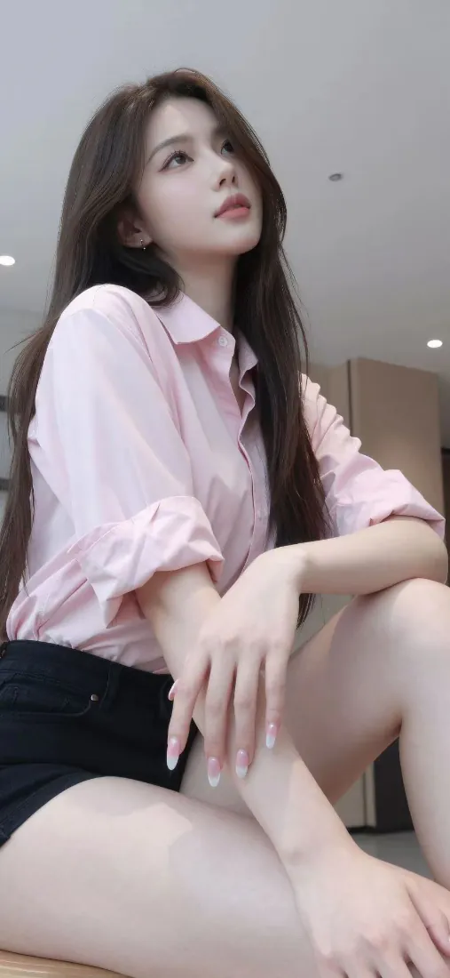 长发年轻女生穿粉色衬衫黑短裤，室内坐姿抬眼望向上方。