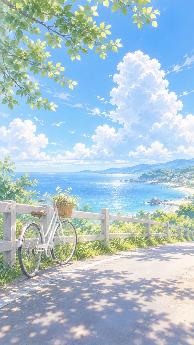 夏日晴空下，白色自行车靠在临海公路木栅栏旁，远处是碧海与积云。