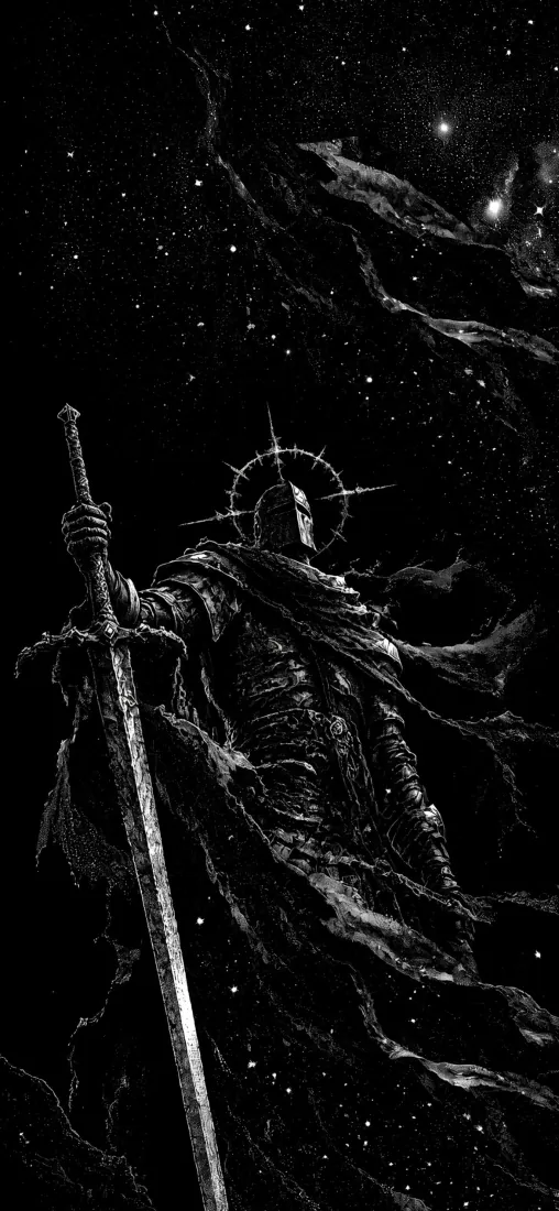 黑白墨溅风格插画，持长剑的暗黑铠甲骑士立于星空之下，头盔带尖刺光环。