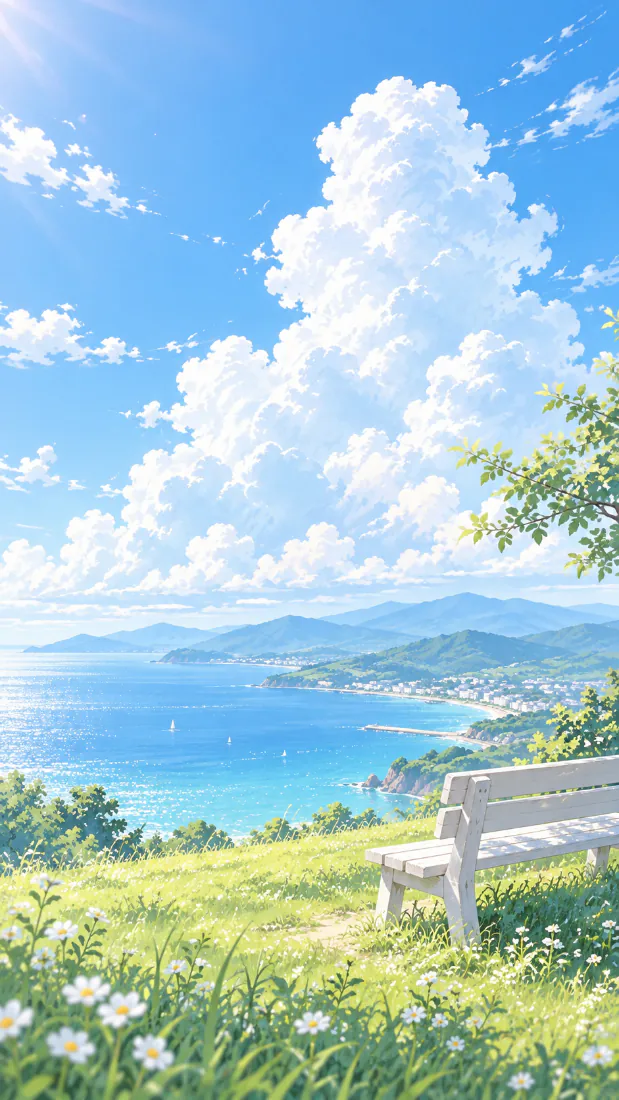 夏日晴朗白日，山坡草地长椅俯瞰碧海与远处山峦海岸，蓝天白云清新治愈。
