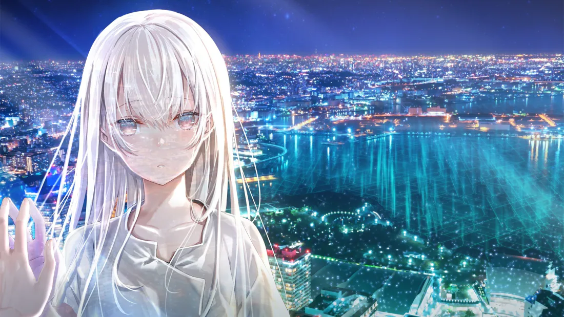 白发蓝眼二次元少女立于前景，身后是高空俯瞰的璀璨都市夜景与水岸灯光倒影。