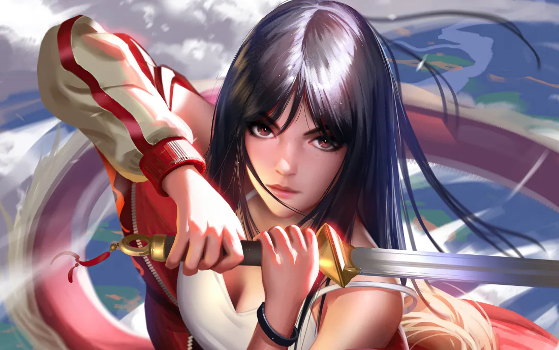 黑长发巫女身着红白服饰，双手紧握武士刀摆出战斗姿态，背景为蓝天白云。