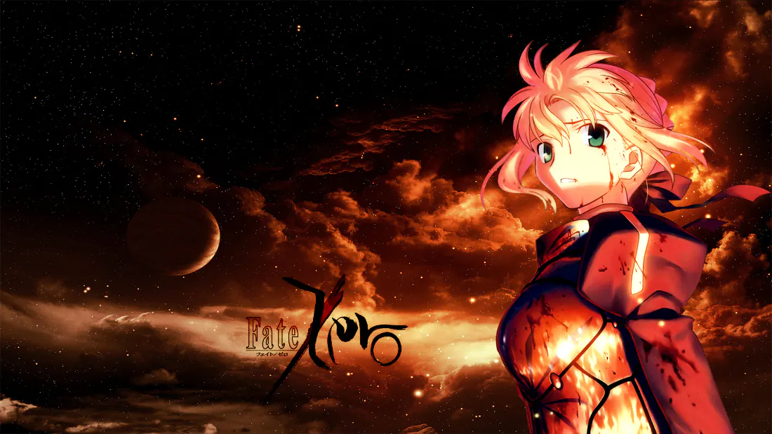 Fate Zero中Saber立于战火黄昏夜空下，左侧弯月与星空，画面带有作品标识文字。