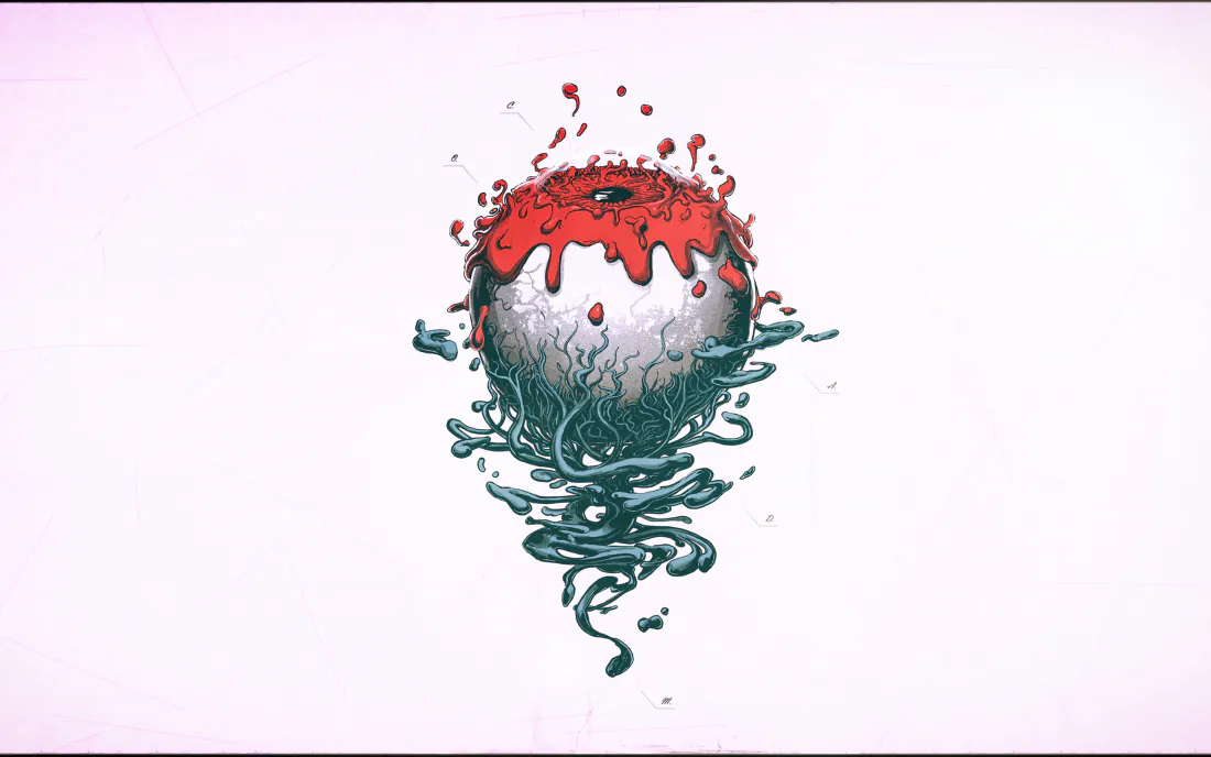 3k眼球壁纸|滴血悬浮眼球背景图片 - 暗黑怪诞插画「哲风壁纸」 浅粉白背景中央悬浮一颗滴血眼球,下方缠绕青绿色扭曲触手状结构。