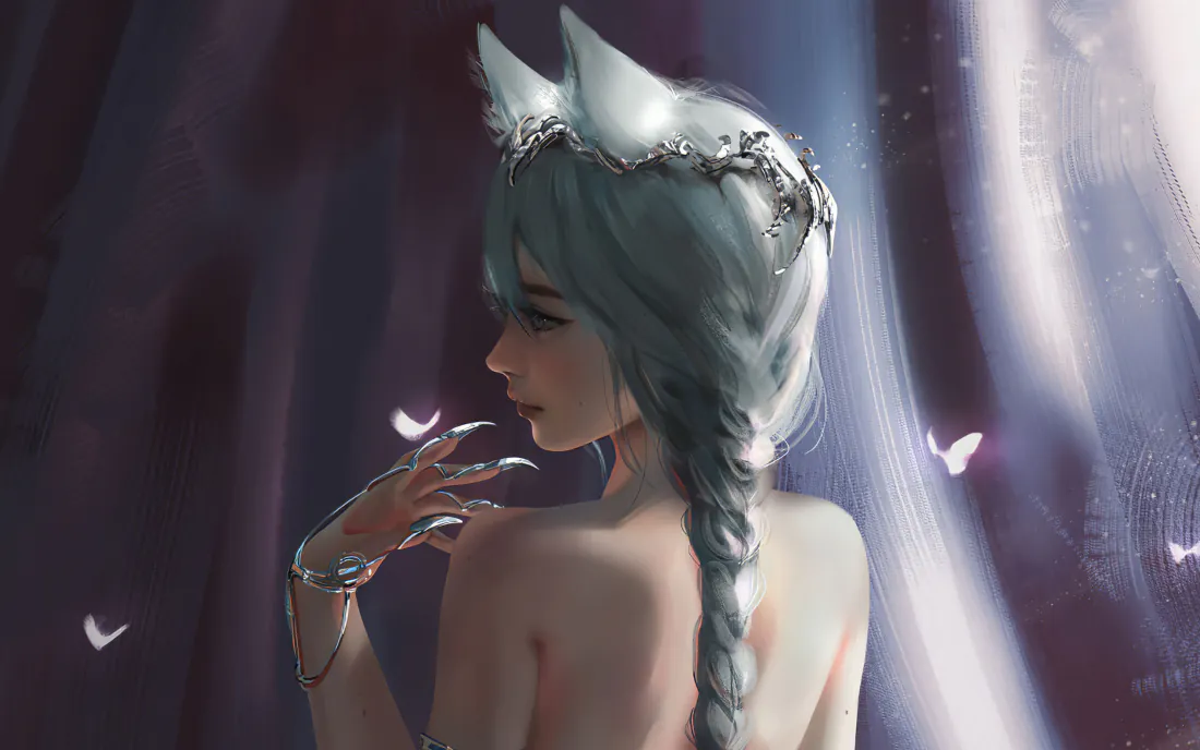 紫调暗背景中，露背银发猫耳少女侧身回望，光束洒落，蝴蝶环绕飞舞。