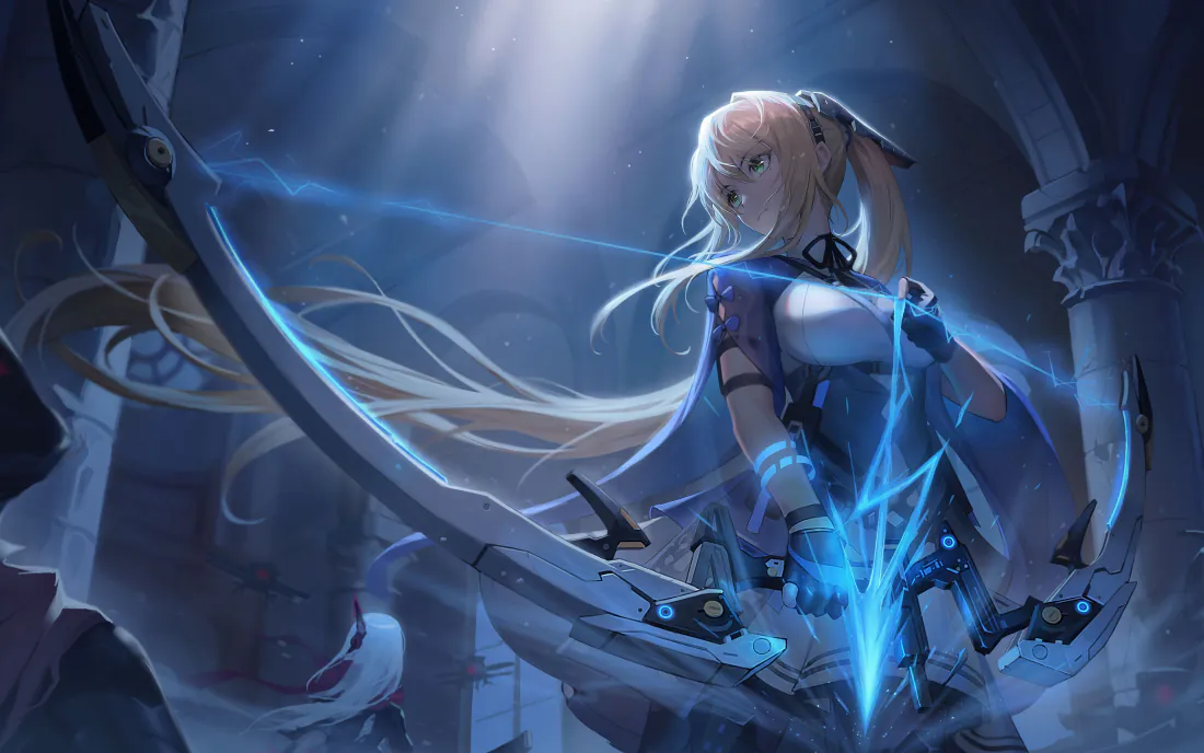 金发马尾少女持蓝色能量弓站在哥特式拱廊中，光束从上方洒落。