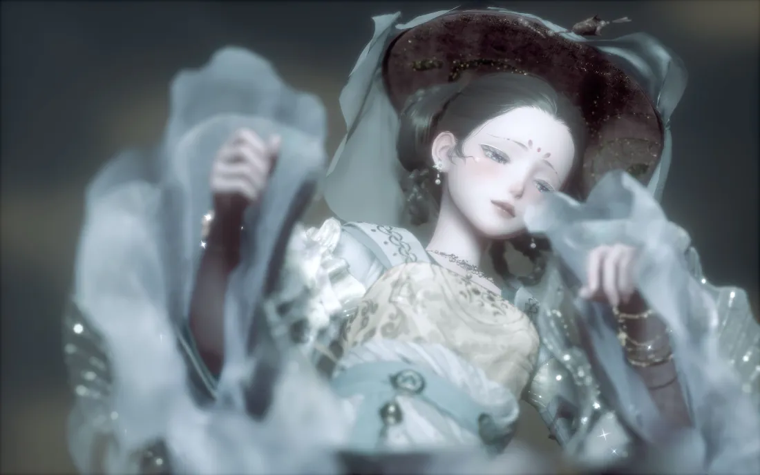身着浅青古风纱衣、头戴纱质斗笠的温婉少女，抬手轻拂薄纱，画面朦胧柔和。