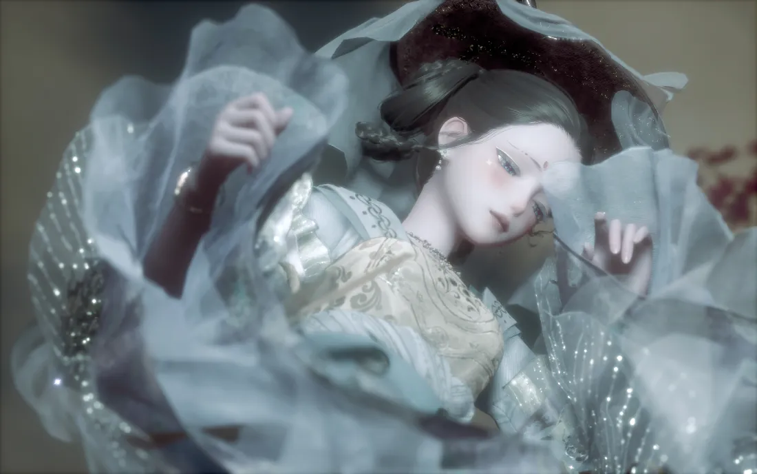 灰蓝色薄纱包裹的闭眼少女，纱裙缀满亮片，整体朦胧梦幻带幽灵感