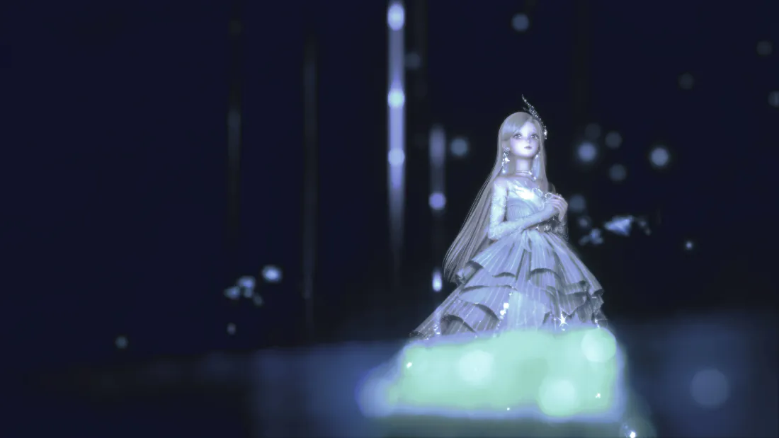 暗蓝夜景中身着银白闪钻礼服的长发少女立于发光平台，背景虚化光斑朦胧梦幻。