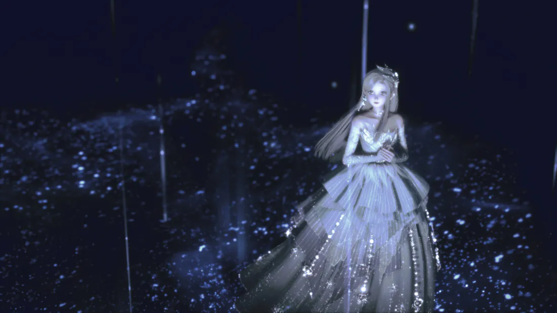 4k暖暖壁纸|星夜白纱礼服少女背景图片 - 梦幻浪漫「哲风壁纸」 暗蓝星夜背景下,身着缀满亮片白纱礼服、头戴皇冠的少女静立,周身环绕细碎星光。