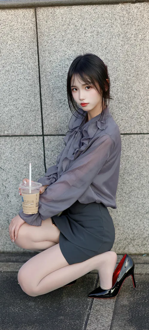 灰衣短裙女生蹲在石墙旁，手持带吸管的咖啡杯，脚穿黑红高跟鞋。