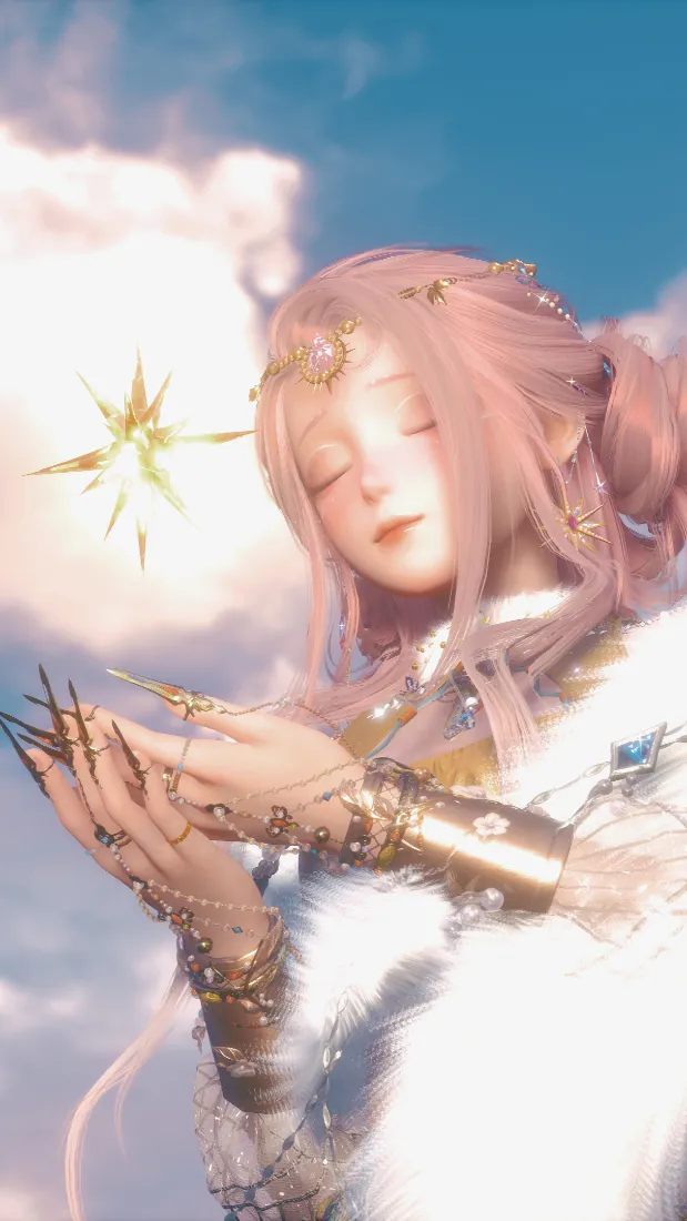 粉发闭眼少女身着毛绒服饰，双手托举金色星芒，背景是蓝天白云。