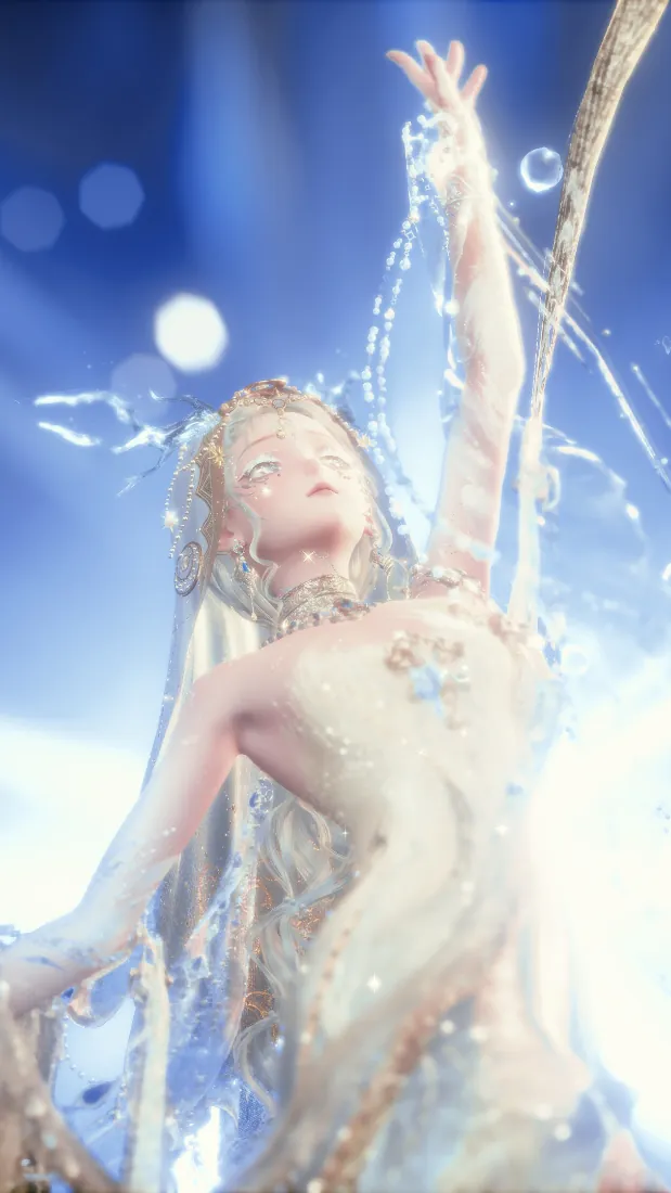逆光下金发少女身着白色纱裙抬手，蓝天背景点缀光斑，画面朦胧梦幻。