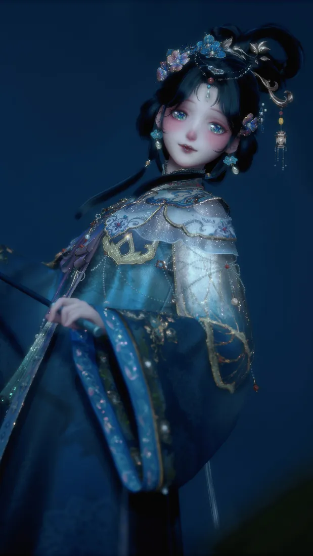 暗蓝幽夜背景下，身着蓝绿古风华服的3D少女持伞而立，发饰精致，氛围静谧唯美。