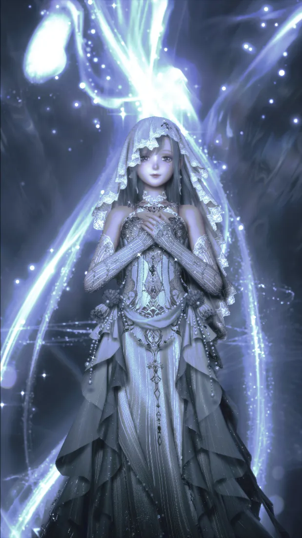 灰调婚纱少女双手交叠于胸前，周身环绕蓝紫色星光光效，氛围梦幻神秘。
