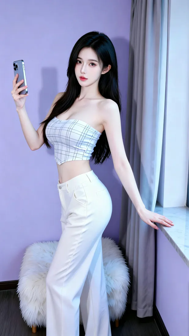 长发美女在紫色墙前举手机自拍，穿格纹抹胸与白色阔腿裤，手扶窗台。