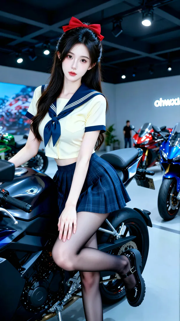 穿水手服黑丝的长发少女倚靠黑色机车，身处陈列多辆摩托的室内展厅。
