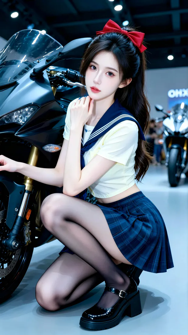 展会现场，穿水手服黑丝的美女蹲在黑色机车旁，头戴红色蝴蝶结。