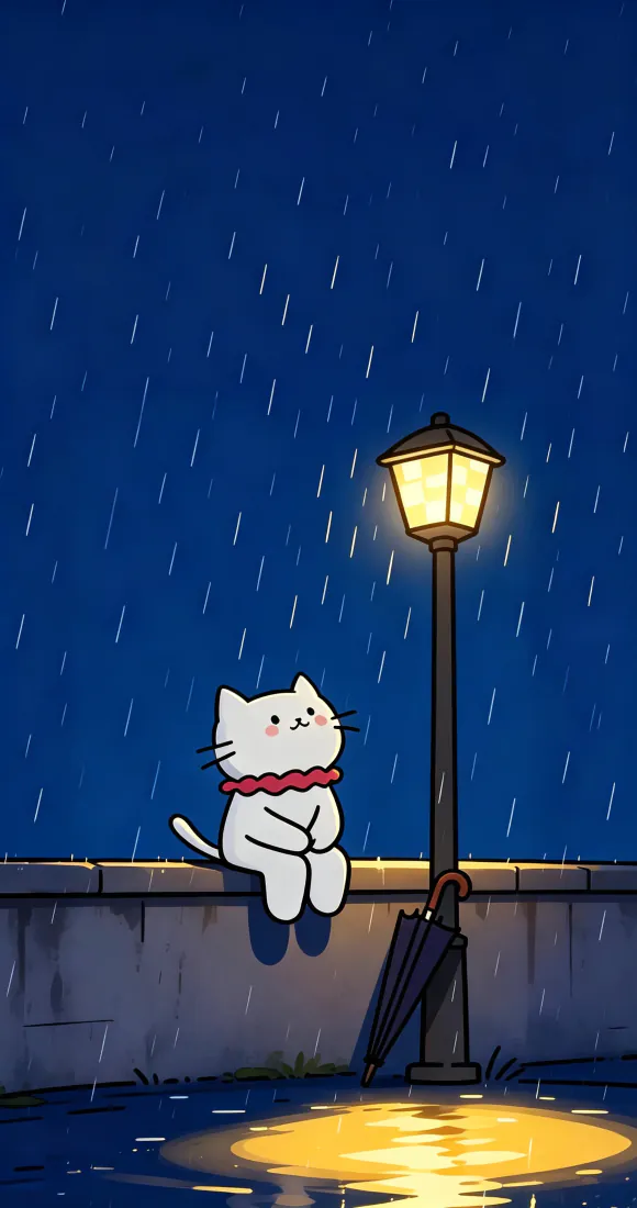 雨夜中戴红项圈的白猫坐在石墙上，旁侧路灯亮着暖光，地面有积水倒影