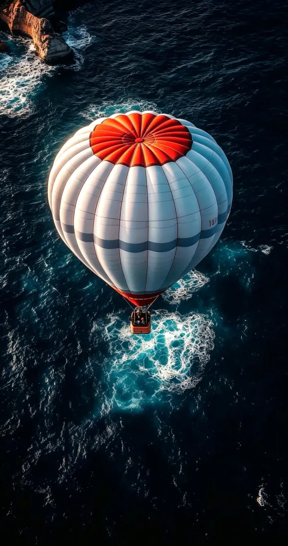 高空俯瞰视角下，红白热气球悬浮在翻涌着白浪的深蓝色海面上方