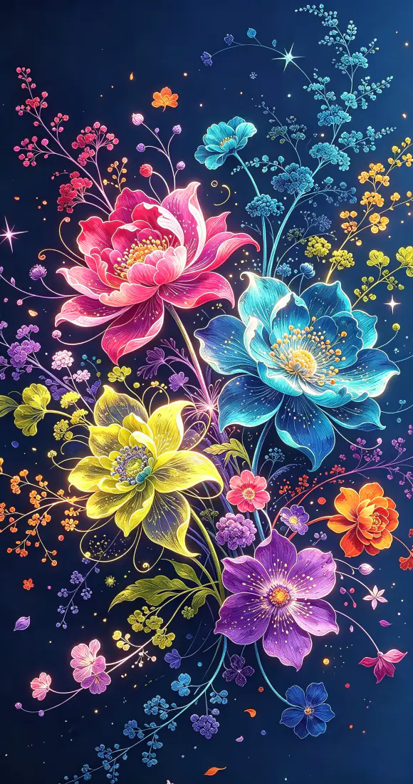深蓝星空背景下，粉、蓝、黄、紫等多色发光花卉错落绽放，点缀细碎星光。