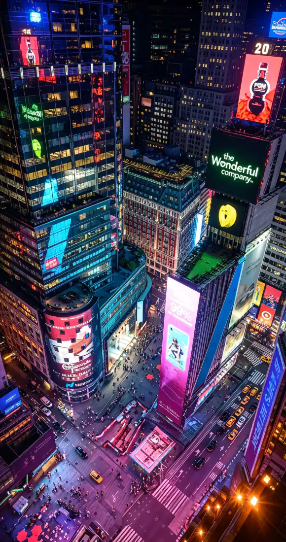高空俯瞰纽约时代广场夜景，摩天楼布满霓虹广告牌，街道车流人流密集。