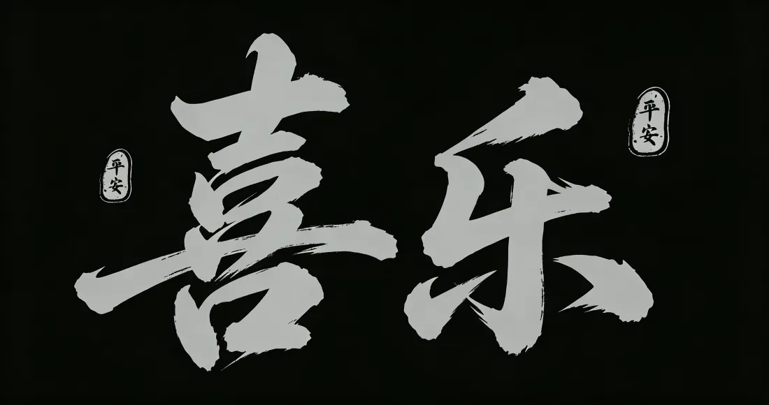 黑底上白色毛笔书法大字喜乐，两侧点缀平安小印章