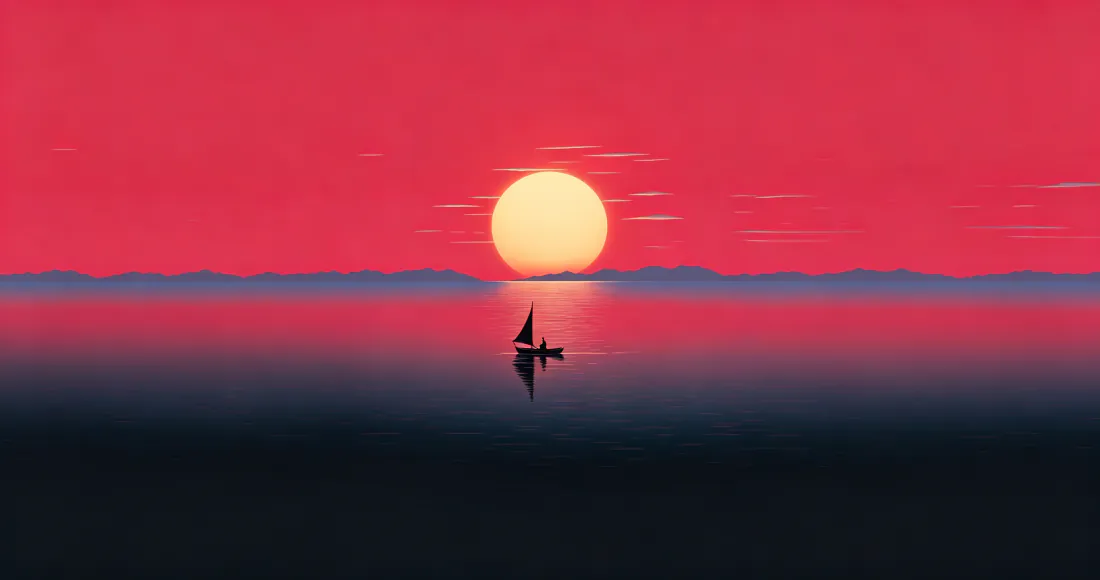 红色黄昏天空下，平静海面映着落日，一艘孤帆小船静静漂浮。