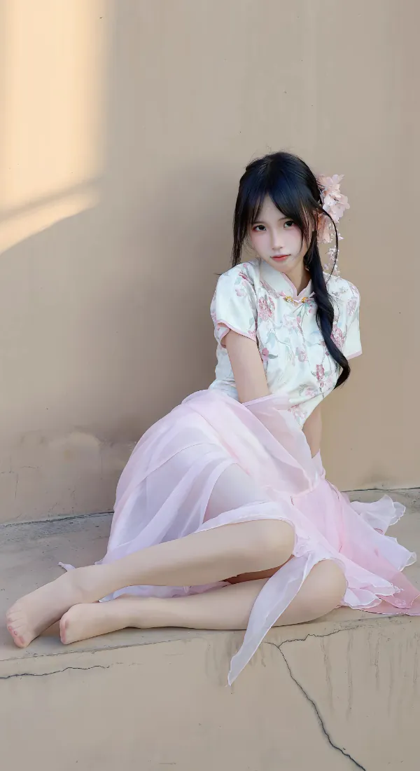 长发少女身着粉白纱裙坐于米色墙面旁，暖调光影洒落，姿态柔美。
