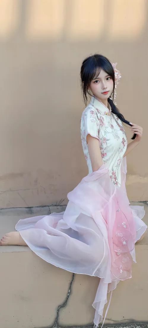 身着粉白渐变纱裙与印花旗袍上衣的少女坐于矮墙，背景为暖米色墙面。