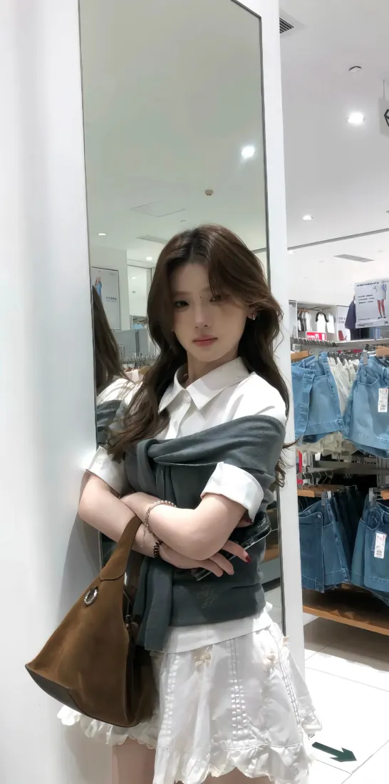 长发女生在服装店镜前自拍，穿白衬衫配灰色披肩与白色短裙，挎棕色包。