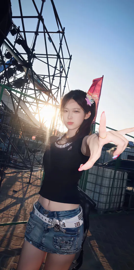 逆光下黑衣牛仔短裙少女在户外钢管架旁比出手势，阳光形成光晕。