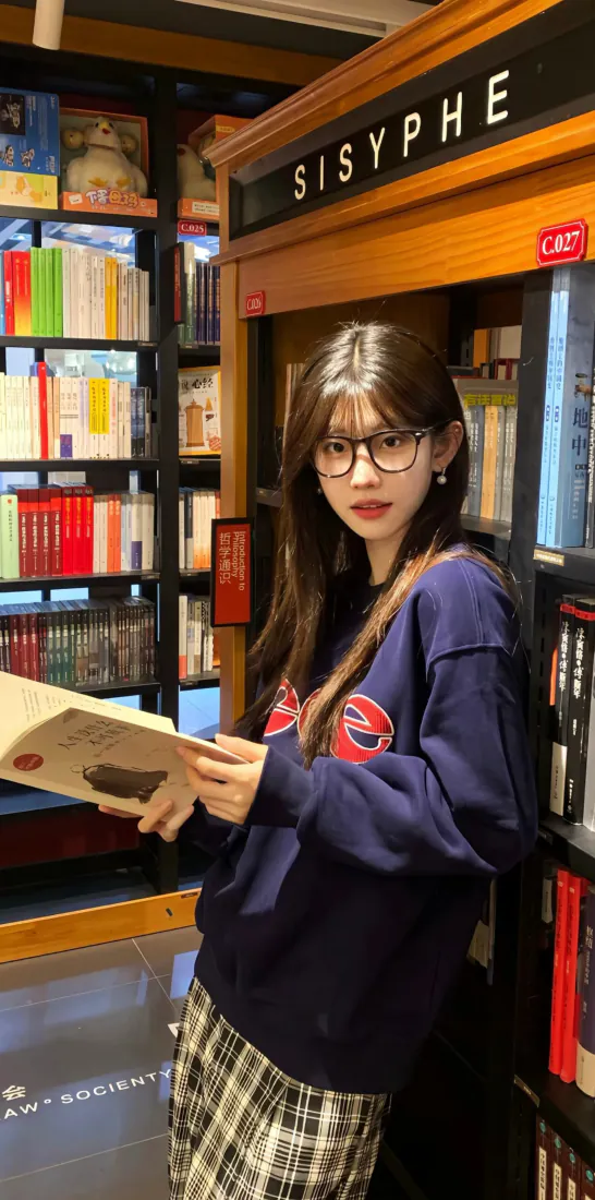 戴黑框眼镜的长发女生在书店书架旁手持翻开的书本。