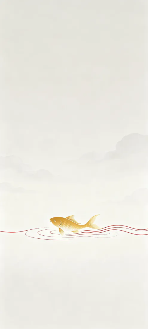 浅米白背景上，一条金色锦鲤浮于淡红色水纹之上，大量留白，极简禅意国风。