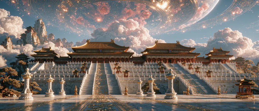 云海之上的中式宫殿群，汉白玉台阶延伸向上，天空布满粉云与星点。