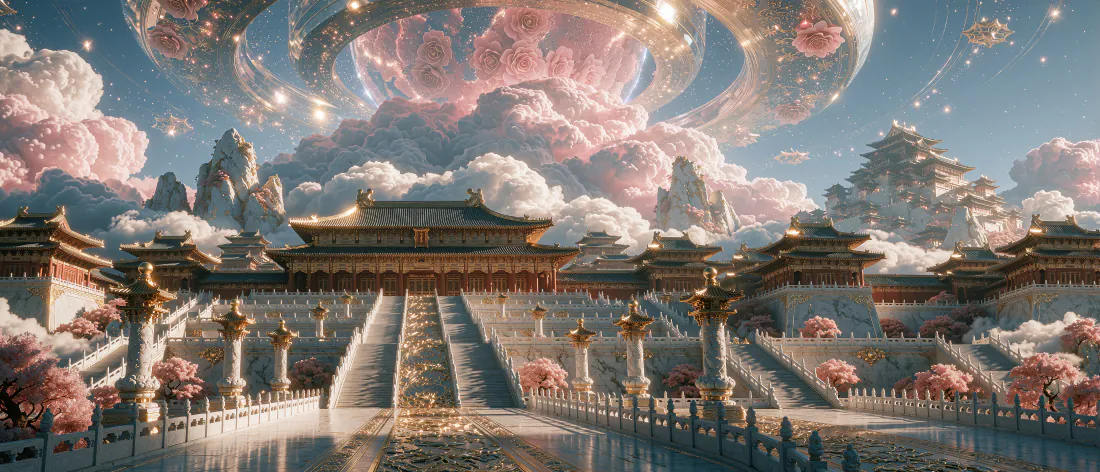 云海环绕的中式天宫宫殿，汉白玉台阶通向主殿，天空悬浮粉色环形仙物，两侧点缀樱花。