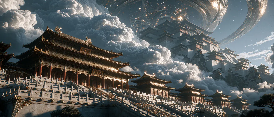 云海之上的中式宫殿群，天空悬浮巨型环形科幻建筑，古风与科幻融合。