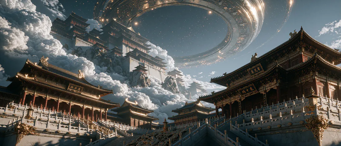 云海间错落的中式宫殿群，天空悬着发光环形星门，国风与科幻融合的壮阔场景。