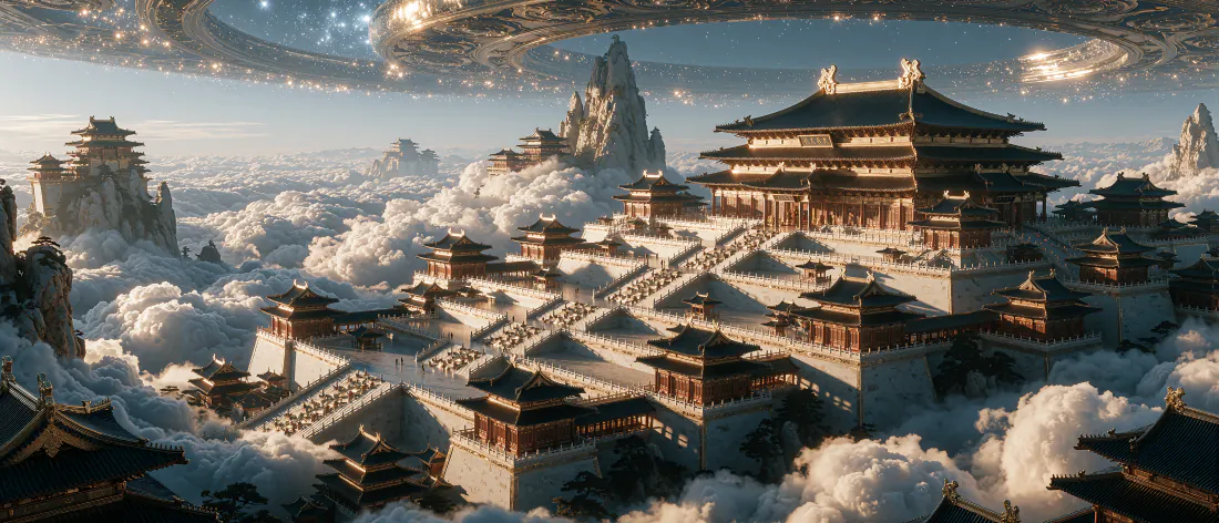 云海之上错落分布的中式宫殿群，远处仙山耸立，天空悬浮着发光环形星轨结构。