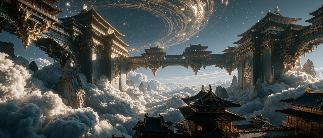 云海之上矗立着宏伟的中式天宫建筑群，天空悬着发光环形星轨，仙气缭绕。