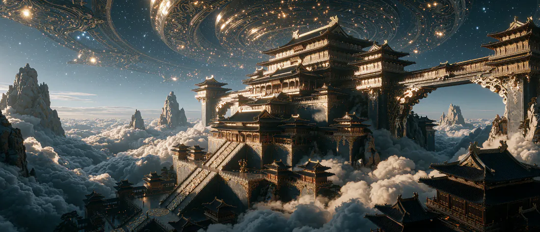 云海之上的中式天宫建筑群，浮空仙山环绕，天空悬着发光星环，壮阔玄幻。