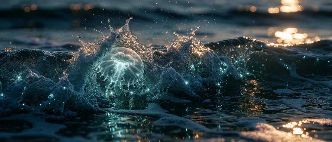 黄昏海面浪花中浮现发光水母，幽蓝荧光与暖金波光交织，梦幻空灵。