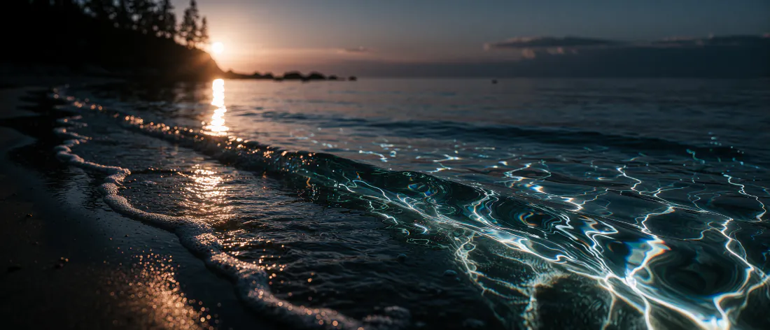 暮色海岸边，海浪泛着幽蓝荧光，落日余晖在海面投下金色反光。